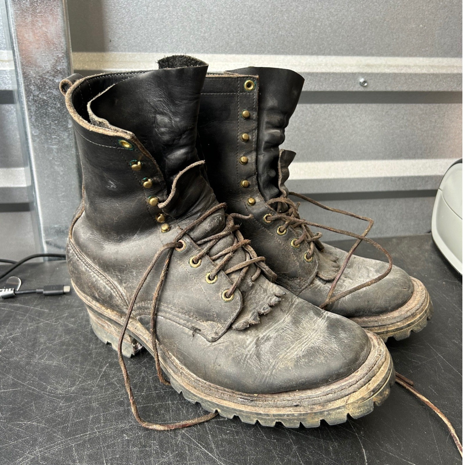 Vintage Black Leather Logger Boots Soft Toe Vibram Lug Sole Men 11.5 C Work Boot